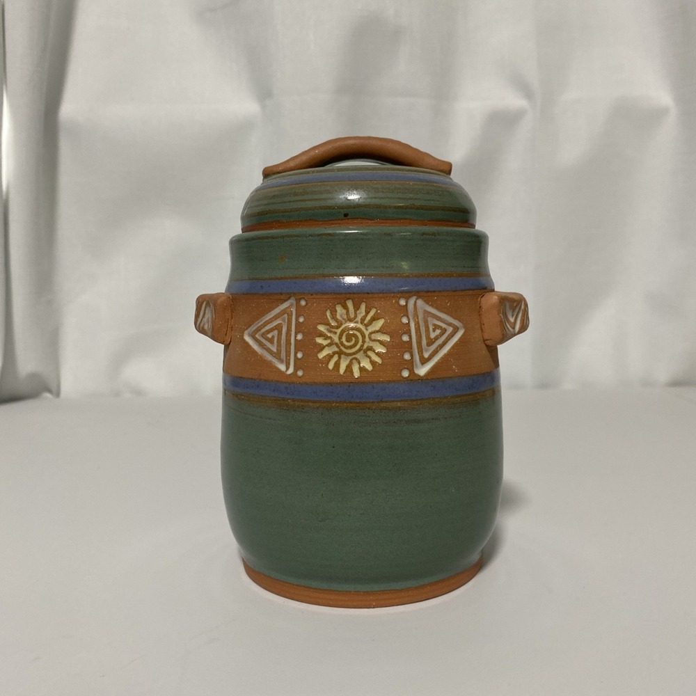 Green Terracotta Canister Sun & Triangles Art Deco Kitchen Jar with Lid 6.5"